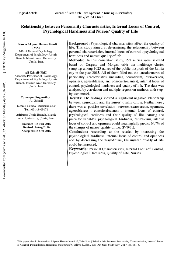 (PDF) Relationship between Personality Characteristics, Internal Locus ...