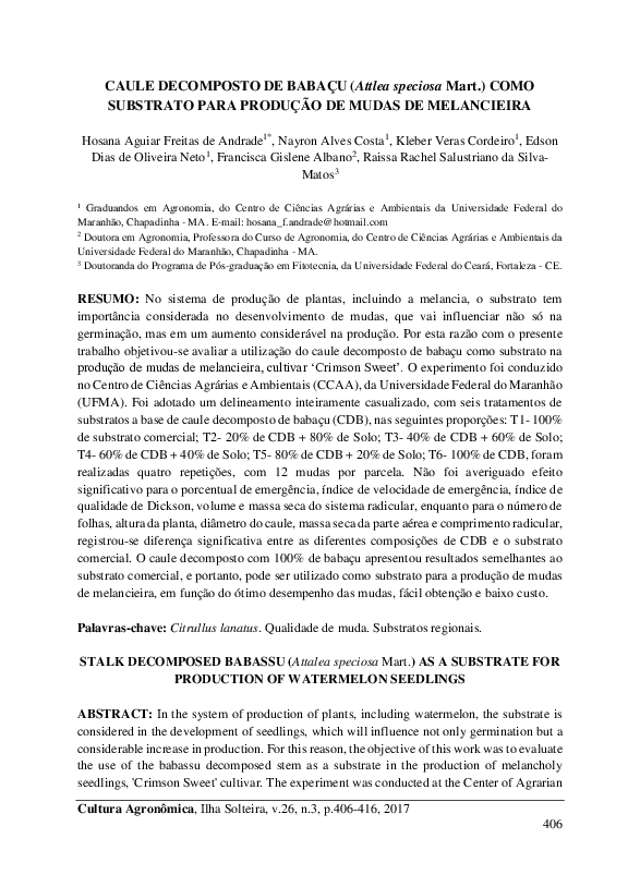 CAULE DECOMPOSTO DE BABAÇU (Attlea speciosa Mart.) COMO SUBSTRATO PARA PRODUÇÃO DE MUDAS DE MELANCIEIRA