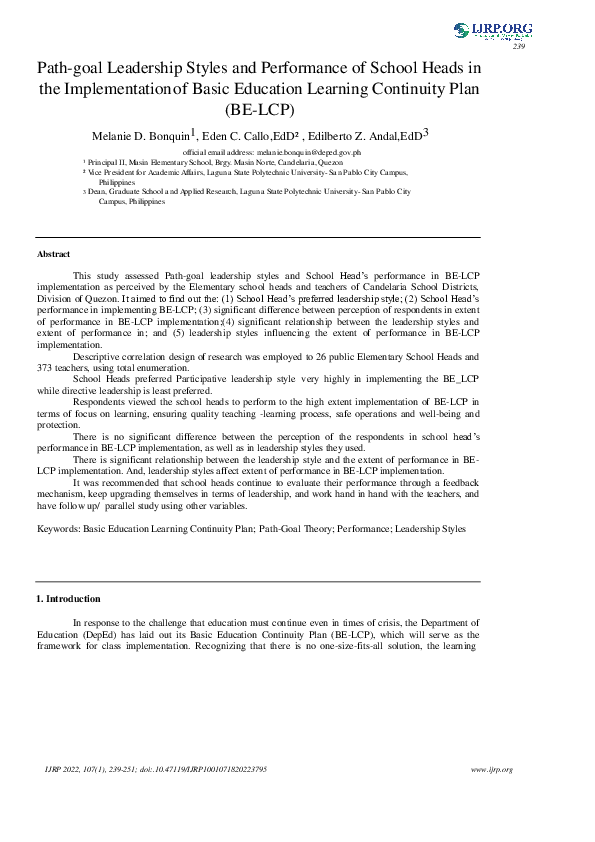 (PDF) Path-goal Leadership Styles and Performance of School Heads in ...
