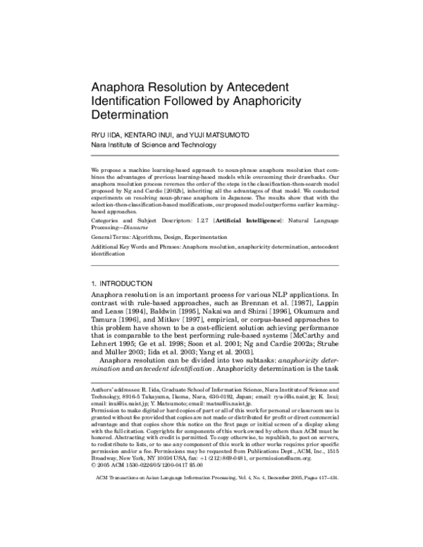 (PDF) Anaphora resolution by antecedent identification followed by ...
