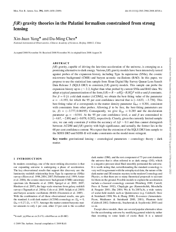 (PDF) f(R) gravity theories in the Palatini formalism constrained from ...