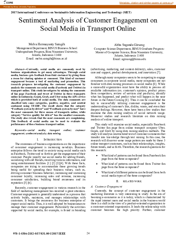 (PDF) Sentiment analysis of customer engagement on social media in ...