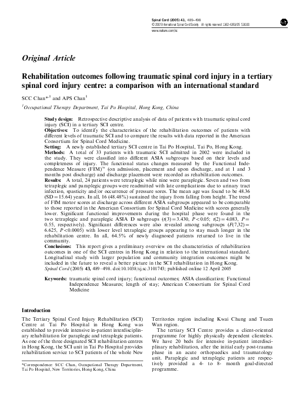 (PDF) Rehabilitation outcomes following traumatic spinal cord injury in ...