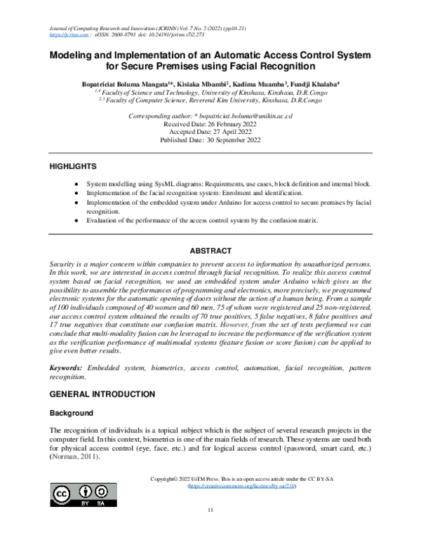 (PDF) Modeling and implementation of an automatic Access control system ...