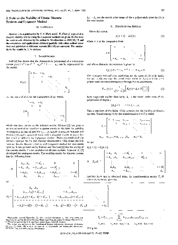 (PDF) A note on the stability of linear discrete systems and lyapunov ...