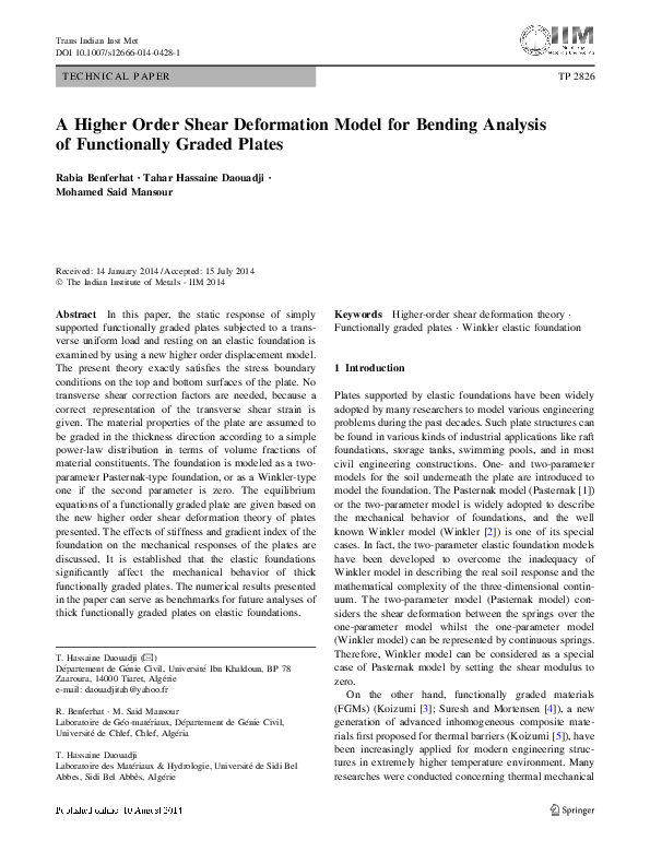 (PDF) A Higher Order Shear Deformation Model for Bending Analysis of ...