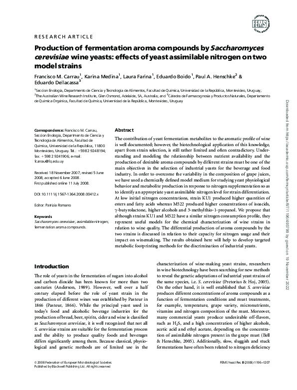 (PDF) Production of â fermentation aroma compounds bySaccharomyces ...