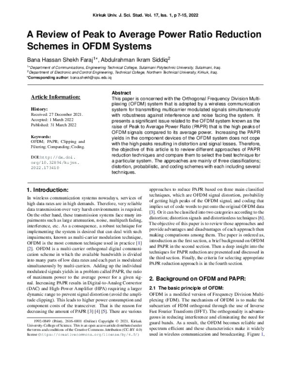 (PDF) A review of Peak to Average Power Ratio Reduction Schemes in OFDM ...
