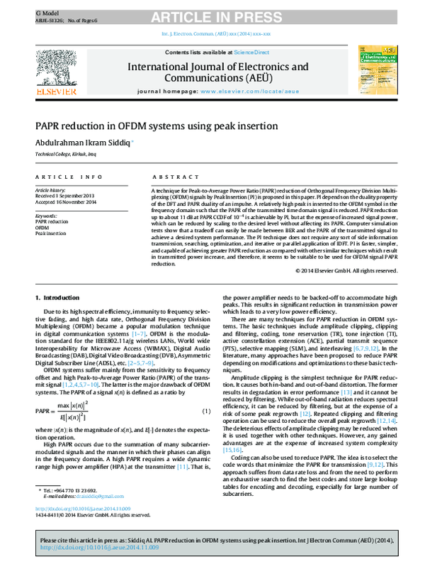 (PDF) PAPR reduction in OFDM systems using peak insertion