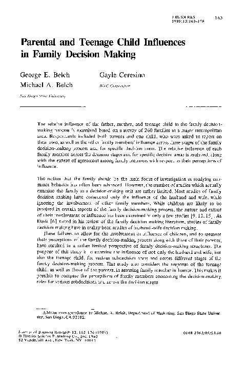 (PDF) Parental and teenage child influences in family decision making
