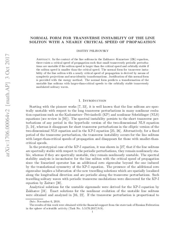 (PDF) Normal form for transverse instability of the line soliton with a ...