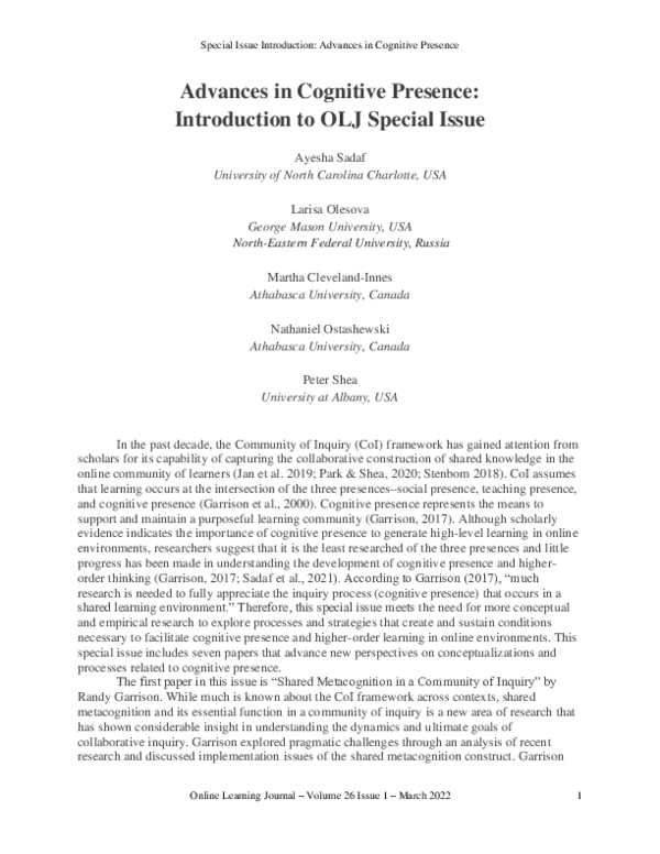 (PDF) Advances in Cognitive Presence: Introduction to OLJ Special Issue