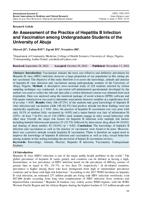 (PDF) An Assessment of the Practice of Hepatitis B Infection and ...