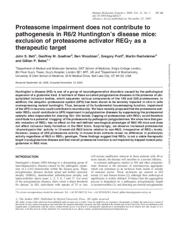 (PDF) Proteasome impairment does not contribute to pathogenesis in R6/2 ...