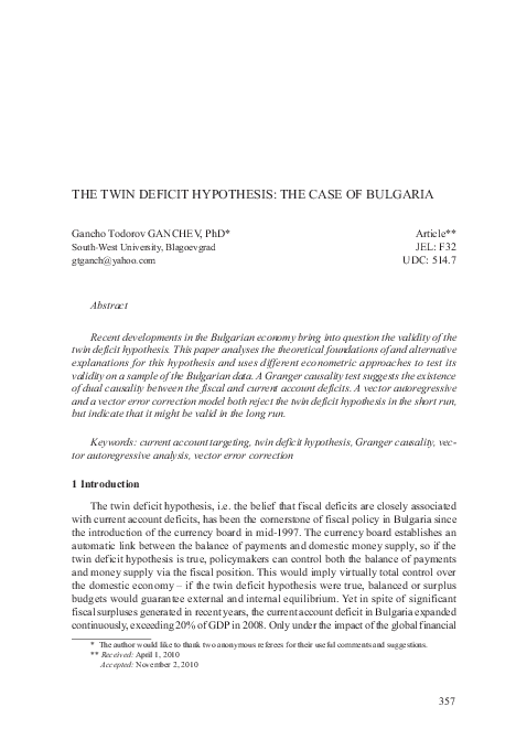 (PDF) The twin deficit hypothesis: the case of Bulgaria