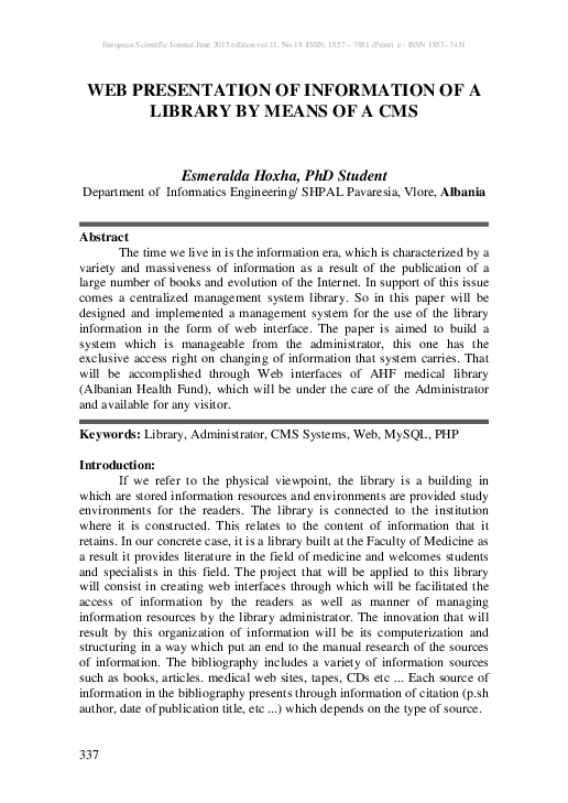 (PDF) Web Presentation of Information of a Library by Means of a CMS