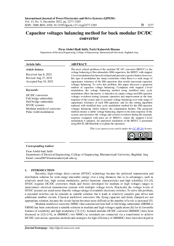 (PDF) Capacitor voltages balancing method for buck modular DC/DC converter