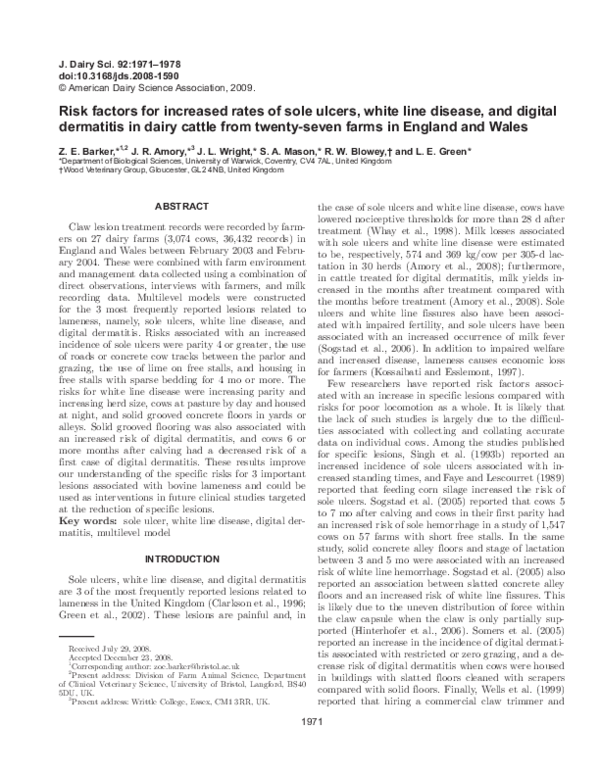 (PDF) Risk factors for increased rates of sole ulcers, white line