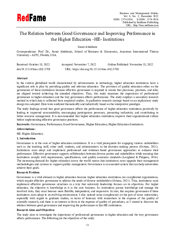 (PDF) The Relation between Good Governance and Improving Performance in ...