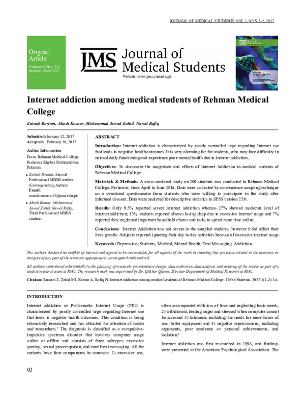 (PDF) Internet addiction among medical students of Rehman Medical College