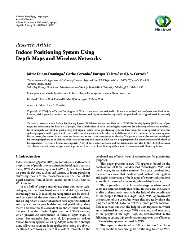 (PDF) Indoor Positioning System Using Depth Maps and Wireless Networks
