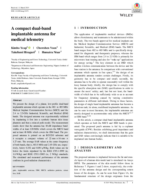 (PDF) A compact dual‐band implantable antenna for medical telemetry