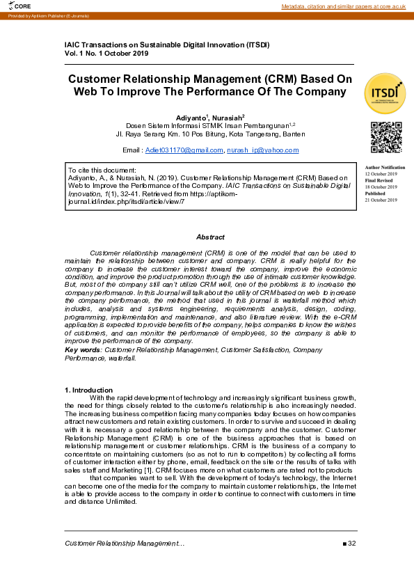 (PDF) Customer Relationship Management (CRM) Based On Web To Improve ...