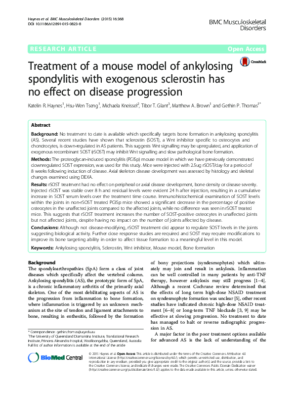 (PDF) Treatment of a mouse model of ankylosing spondylitis with ...