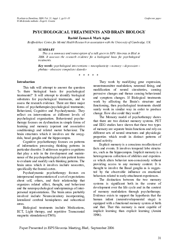 (PDF) Psychological treatments and brain biology
