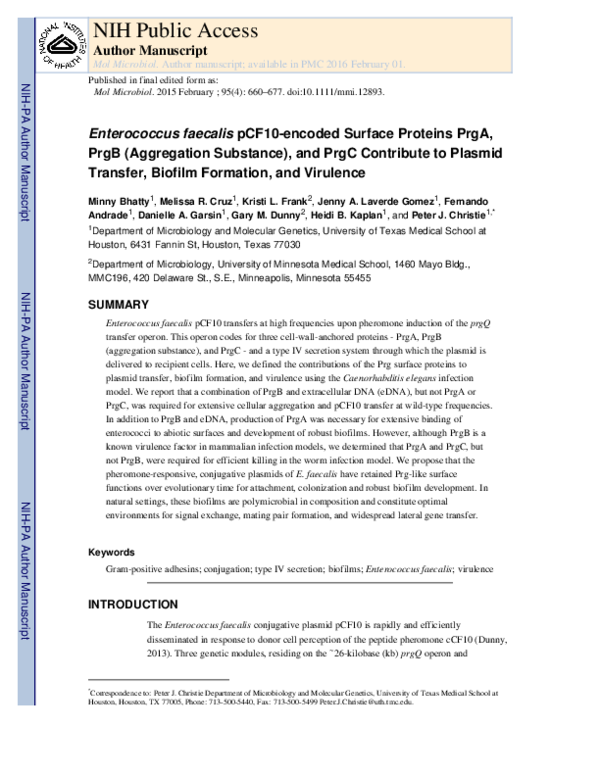 (PDF) Enterococcus faecalis pCF10-encoded surface proteins PrgA, PrgB ...