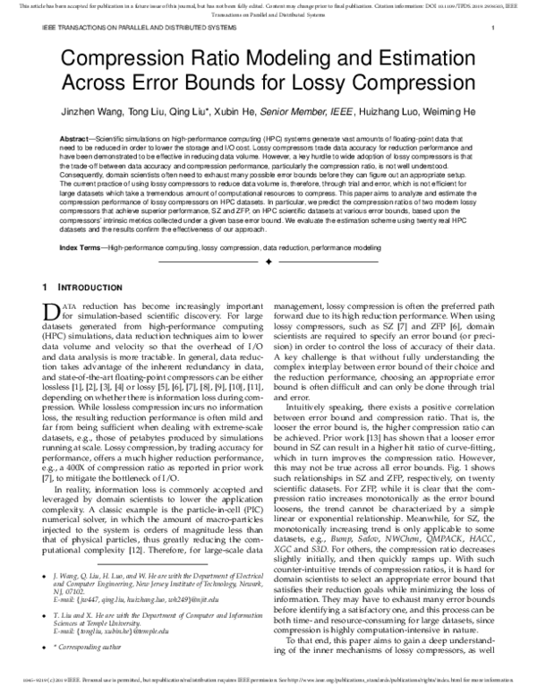 (PDF) Compression Ratio Modeling and Estimation across Error Bounds for ...