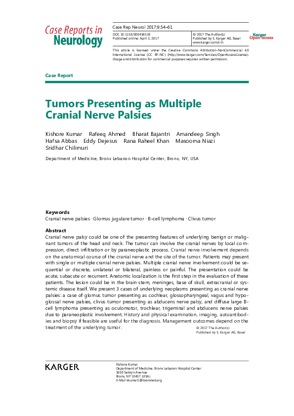 (PDF) Tumors Presenting as Multiple Cranial Nerve Palsies