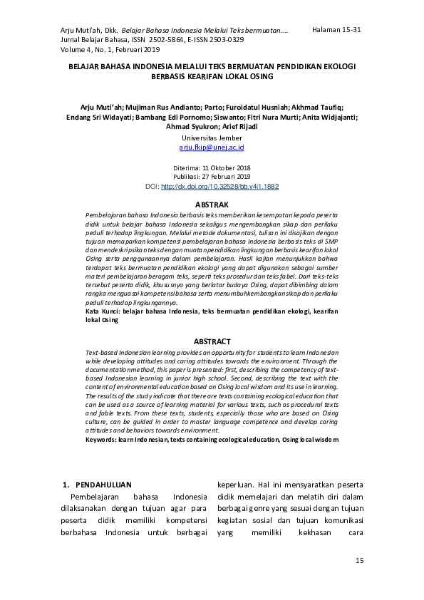 Belajar Bahasa Indonesia Melalui Teks Bermuatan Pendidikan Ekologi Berbasis Kearifan Lokal Osing