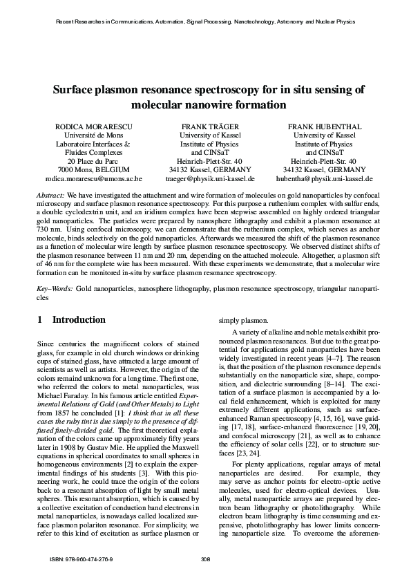(PDF) Surface plasmon resonance spectroscopy for in situ sensing of ...