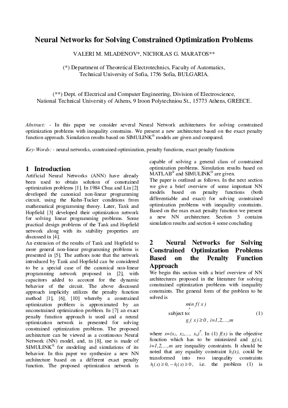 (PDF) Neural Networks for Solving Constrained Optimization Problems