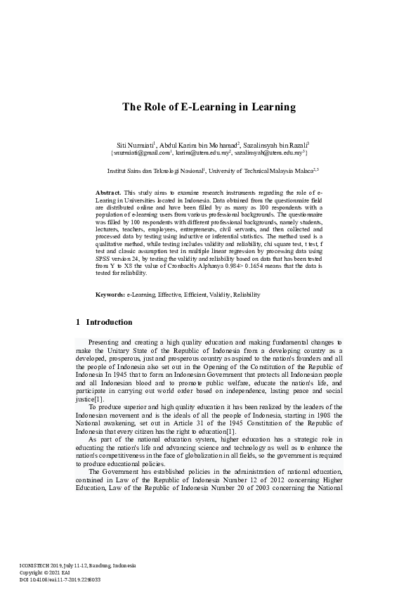 (PDF) The Role of E-Learning in Learning
