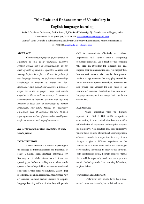 (DOC) Role and Enhancement of Vocabulary in English language learning