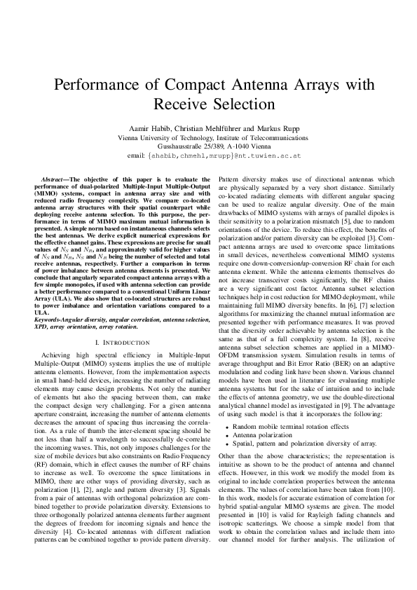 (PDF) Performance of compact antenna arrays with receive selection