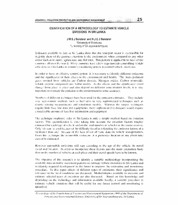 (PDF) Identification of a Methodology to Estimate Vehicle Emissions in Sri Lanka Saman Bandara