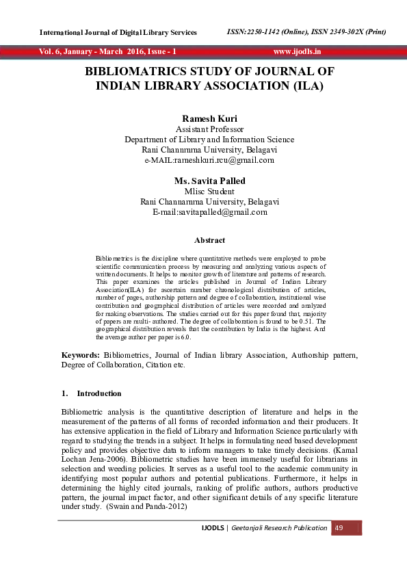 (PDF) Bibliomatrics Study of Journal of Indian Library Association (ILA)