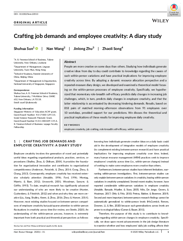 (PDF) Crafting job demands and employee creativity A diary study