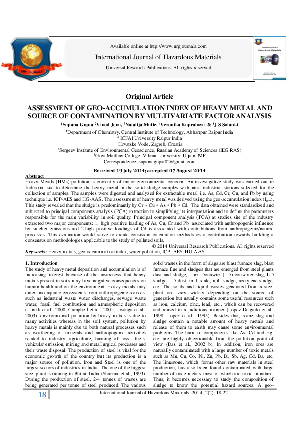 (PDF) Assessment of Geo-Accumulation Index of Heavy Metal and Source of ...