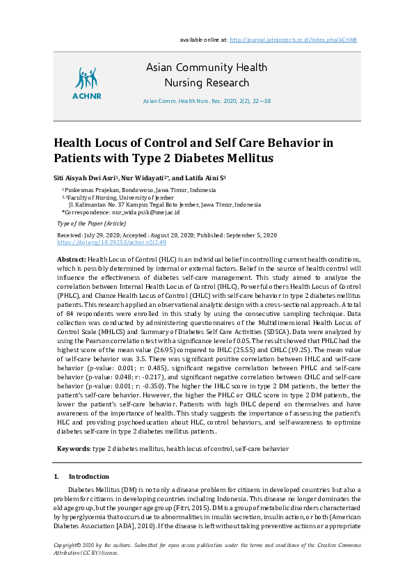 (PDF) Health Locus of Control and Self Care Behavior in Patients with ...