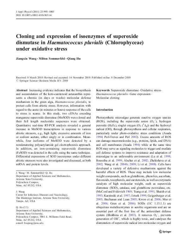 (PDF) Cloning and expression of isoenzymes of superoxide dismutase in ...