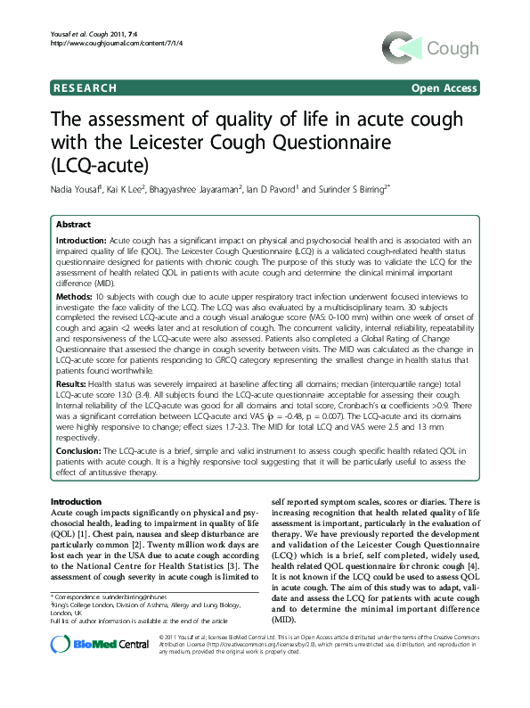 (PDF) The assessment of quality of life in acute cough with the