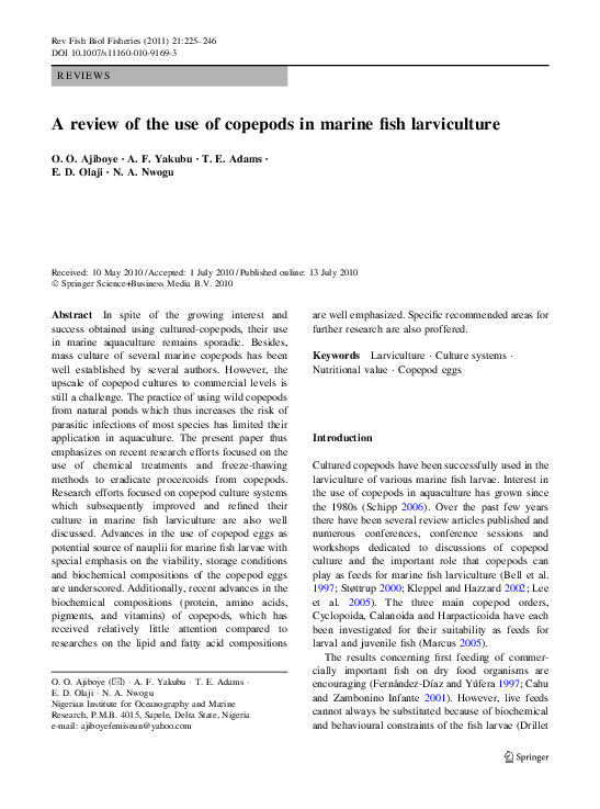 (PDF) A review of the use of copepods in marine fish larviculture