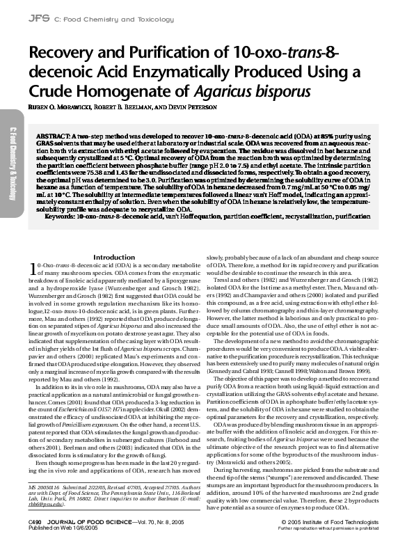 (PDF) Recovery and Purification of 10oxotrans8decenoic Acid