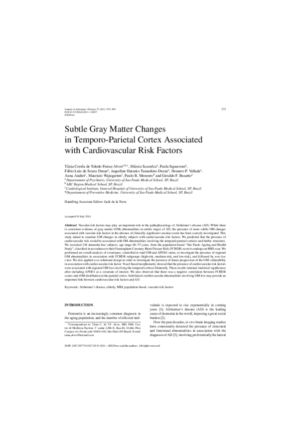 (PDF) Subtle Gray Matter Changes in Temporo-Parietal Cortex Associated ...