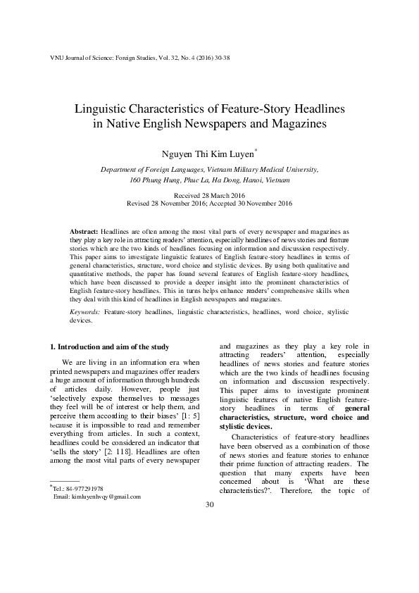 (PDF) Linguistic Characteristics of Feature-Story Headlines in Native ...