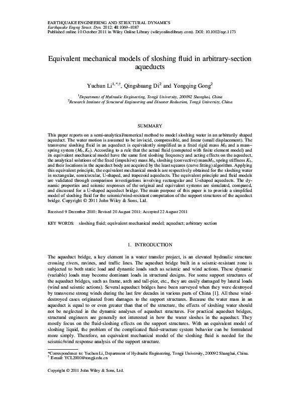 (PDF) Equivalent mechanical models of sloshing fluid in arbitrary ...